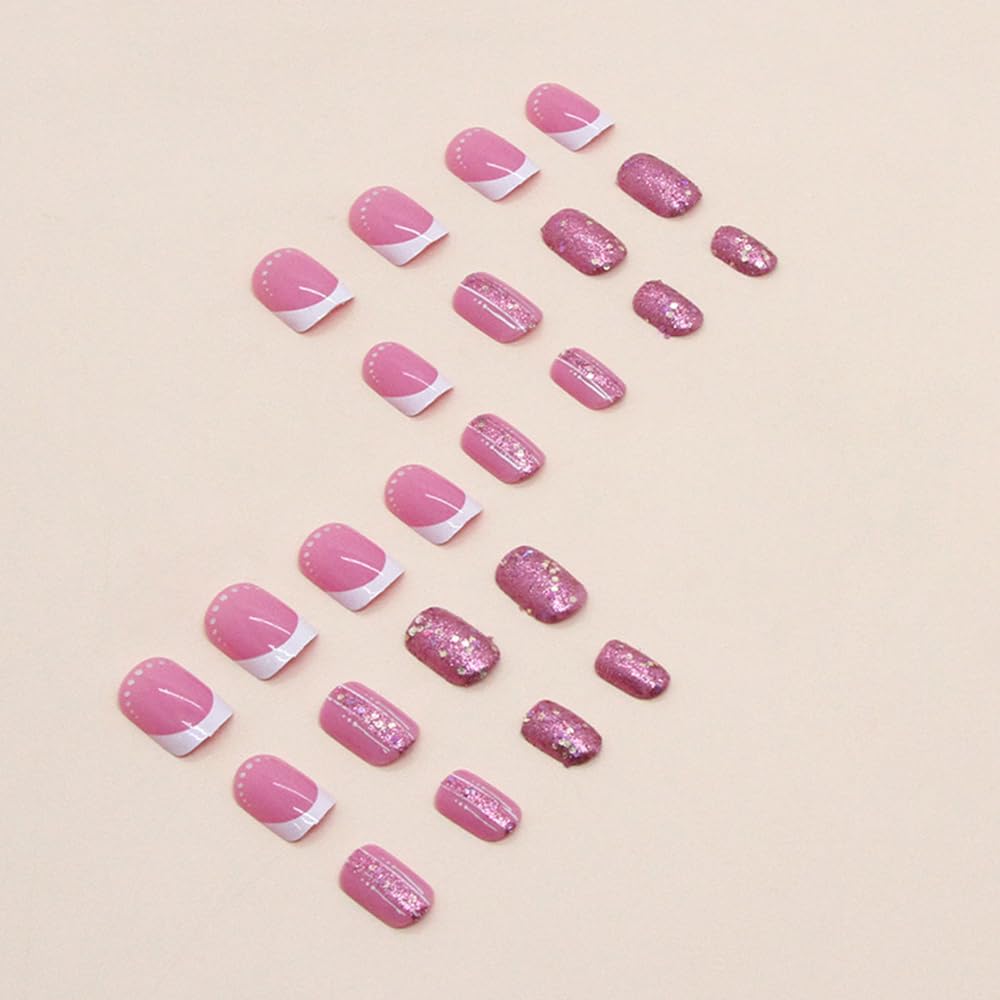 24Pcs Short Press on Nails Square Cute Fake Nails False Nails Full Cover Nails Press ons Short Nail Tips Art Kit French Acrylic Rose Pink Stick on Nails with Sequins Glue on Nails Manicure Decorations