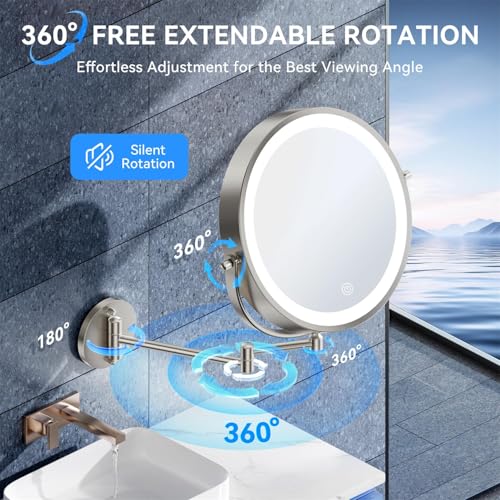 9'' 30X/1X Wall Mounted Lighted Makeup Mirror, 5000mAh Rechargeable Double-Sided Magnifying Mirror with Light, Vanity Mirror Touch Dimmable 3 Colors 360¡Æ Rotation Extended Foldable Arm, Power Adapter