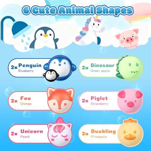 Aofmee Bath Bombs for Kids, 12 Pcs Kids Bath Bombs with Essential Oil, 6 Animal Shapes and Fruity Aroma, Natural Organic Spa Gift Set for Boys Girls, Birthday Christmas Halloween