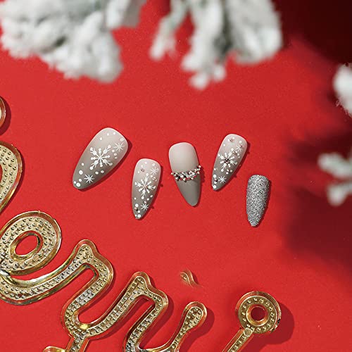 Christmas Special Design Press on Nails Medium Snowflake Glitter Flake Nails with Nail Rhinestones Almond Matte Gradient Coffin False Nails Full Cover Nail Tips for Women and Girls 24Pcs