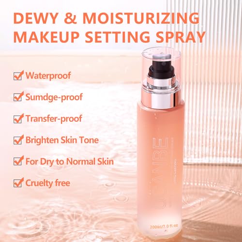 UCANBEMAKEUP Dewy Makeup Setting Spray Kit-7 Fl oz Hydrating Illuminating Finishing Spray Long Lasting Lightweight Face Mist Make up Fixer +1PC Travel Size Spray Bottle+1PC Sponge Puff