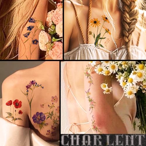 40 Sheets Watercolor Flower Temporary Tattoos for Women - Tiny Wildflower Fake Tattoo Stickers for Body Neck Hand