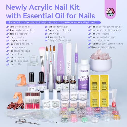 SAVILAND Professional Acrylic Nail Kit with Drill: 6 Colors Acrylic Powder & Liquid Beginner's Starter Set with Essential Oil Nail Primer Dehydrator Nail Tools DIY Home Manicure Christmas Gift