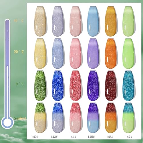 Biutee Glitter Temperature Color Changing Gel Nail Polish Gel Set 6 Colors Temperature Mood Changing Reflective Glitter Gel Polish Soak Off UV LED Nail Polish Set