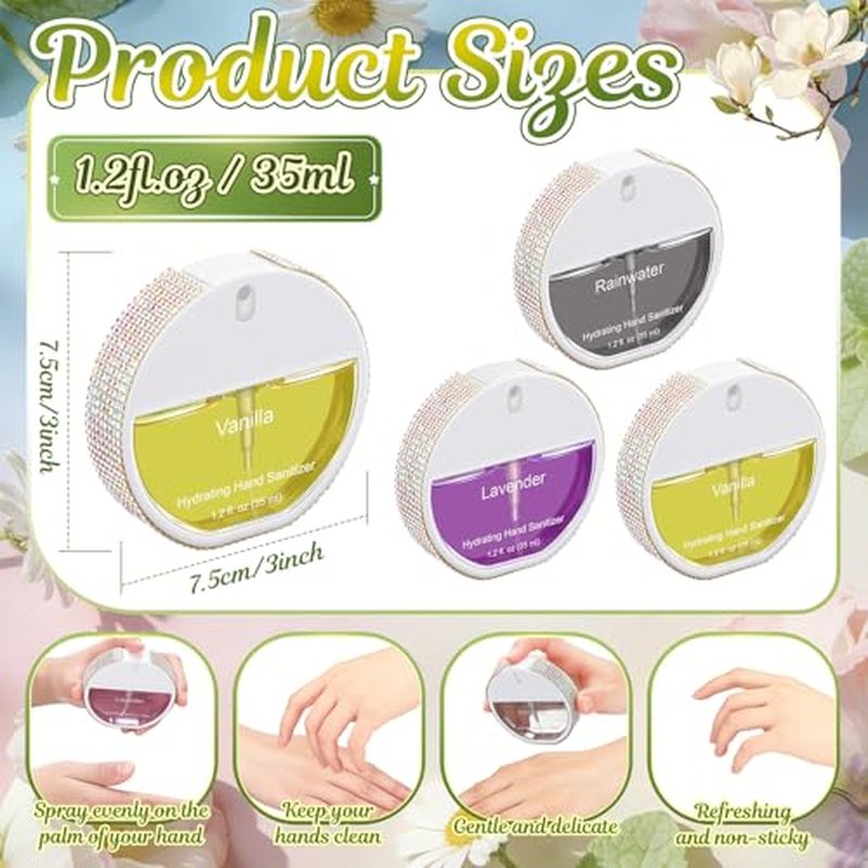 3 Pack Hydrating Hand Sanitizer Spray - Travel Size with Rhinestones