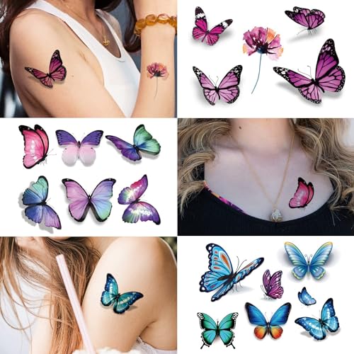 Cerlaza 3D Butterfly Tattoos Temporary, 120 Styles Butterfly Tattoos Stickers for Women and Girls, Realistic Semi Permanent Fake Tattoo for Adults, Butterflies Party Decorations