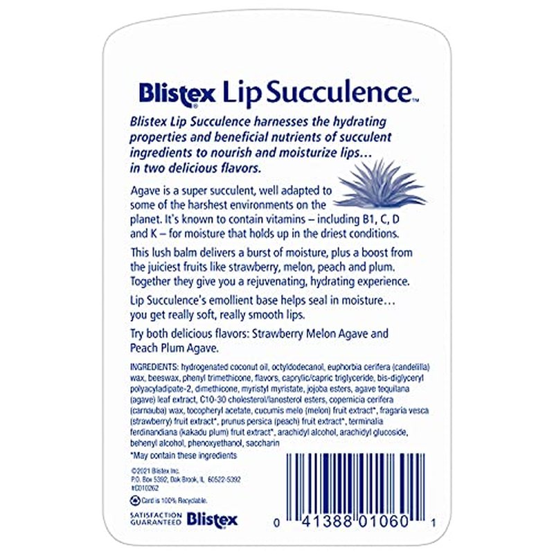 Blistex Lip Succulence, 2 Count, 0.15 oz Each, Strawberry Melon and Peach Plum Fruit Flavor with Hydrating Agave, Enriched Lip Moisturizer and Balm, Seal in Moisture for Smooth Lips, 1 Pack