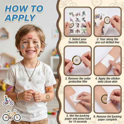 96 Pcs Bike Temporary Tattoos for Kids | Waterproof