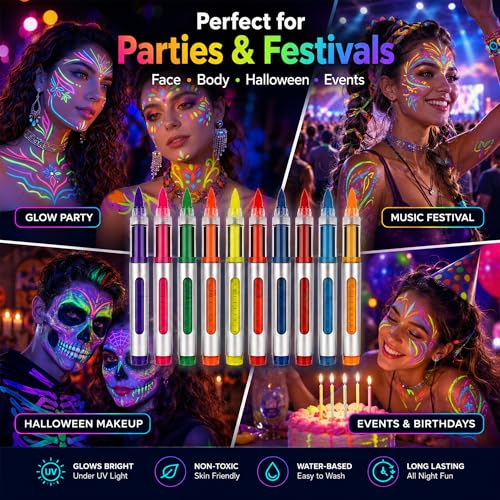 10 Color UV Neon Body Markers - Face & Body Paint for Festivals & Halloween - Variation 01