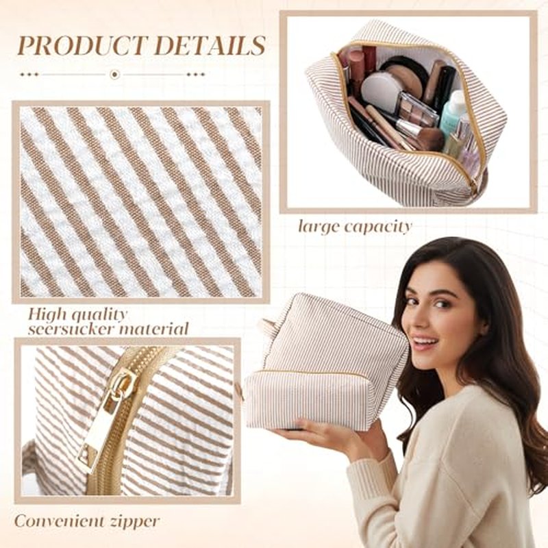 Sanwuta 2-Piece Seersucker Makeup Bag Set - Travel Toiletry Pouches