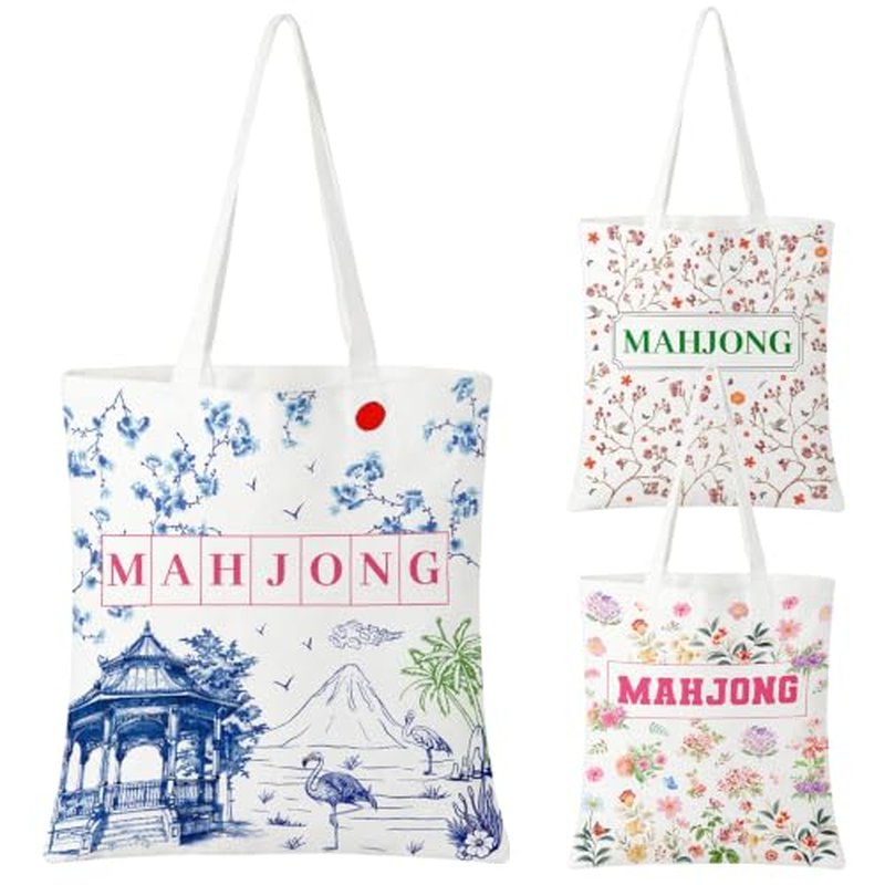 3 Pcs Mahjong Canvas Tote Bags for Women - Floral Designs