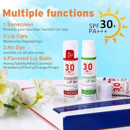SPF 30 Lip Balm with Sunscreen, 8 Pack - 8 Flavors, Hydrating Lip Balm with Vitamin E and Coconut Oil