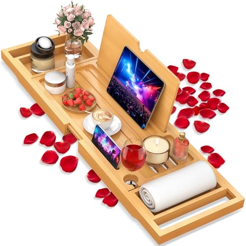 Bamboo Bathtub Caddy Tray with Expandable Sides