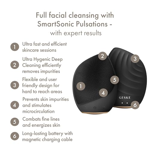 GESKE SmartAppGuided¢â Sonic Facial Brush 5 in 1 | Vibrating Electric Facial Cleansing Brush | Soft Silicone Brush | Professional Facial Cleanser | Skin Cleanser & Exfoliator | Face Massager