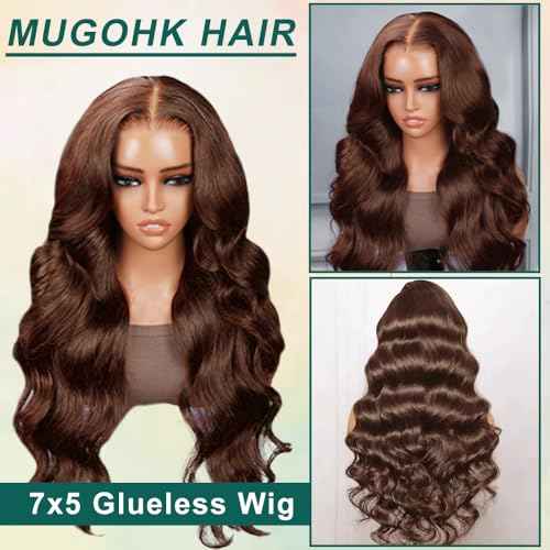 Brown Glueless Wigs Human Hair Pre Plucked Pre Cut 7x5 Chocolate Brown Body Wave HD Lace Front Wig Wear and Go Bleached Knots #4 Dark Brown Closure Wigs 200 Density for Women 26 Inch