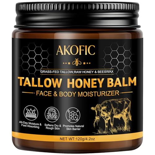 Beef Tallow for Skin, Tallow and Honey Balm, 100% Organic Grass-Fed Beef Tallow Face Moisturizer with Raw Honey & Jojoba Oil, Whipped Tallow Balm for Face Body Deep Nourish Soothe Dry, Sensitive Skin