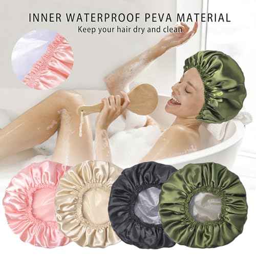 Shower Caps for Women, 4 PCS Elastic and Reusable Bath Caps, Double Layers Shower Cap Reusable Waterproof, Bathing Shower Caps, Environmental Bath Hair Protection Cap - Solid Color B