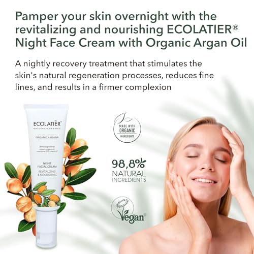 Night Cream with Organic Argan Oil ? Revitalizing & Nourishing, Anti-Aging Face Moisturizer with Vitamin C, Vegan, 97.7% Natural Ingredients, 1.7 Fl Oz - ECOLATIER