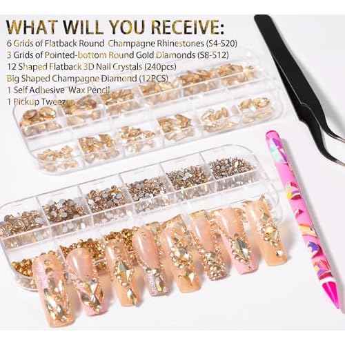 2420pcs Gold Rhinestones for Nails, Round Flatback Champagne Rhinestones Gold Nail Charms for Nails+120 Pcs 3D Multi Shapes Glass Crystal Diamond Nail Gems for Acrylic Decoration