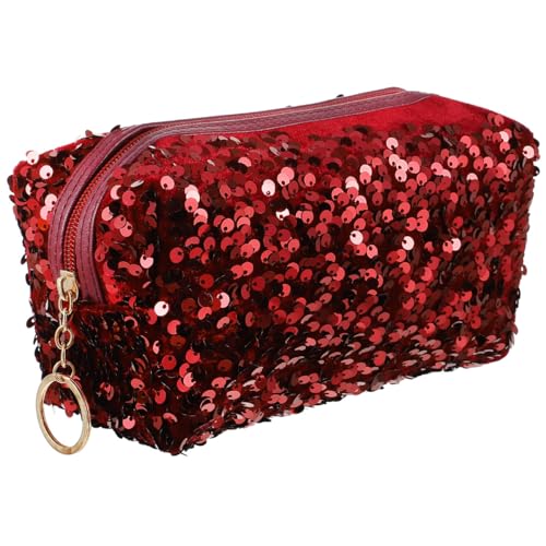 VALICLUD Sequin Cosmetic Bag, Portable Glitter Makeup Bag, Large Capacity Travel Toiletry, Dark Red Square Storage Pouch for Women