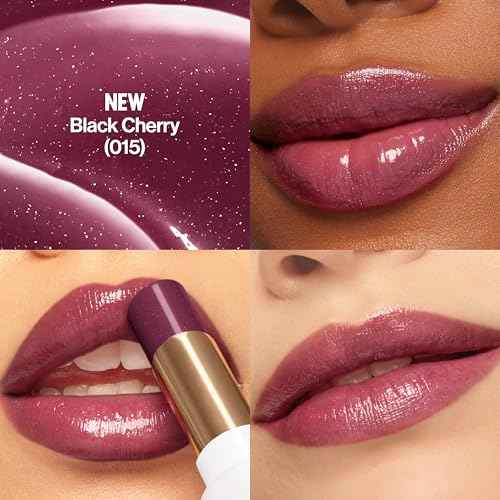 REVLON Super Lustrous Glass Shine Balm, Hydrating Tinted Lip Balm with Hyaluronic Acid, Aloe & Rose Quartz, Medium-Dark Plum Lipstick, 015 Black Cherry, 0.11 oz