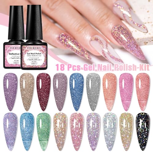 Reflective Glitter Gel Nail Polish Set, 18 Colors Including Pink Red Silver Holographic Gel Kit UV LED Soak Off Nail Polish Home DIY Manicure Salon Varnish