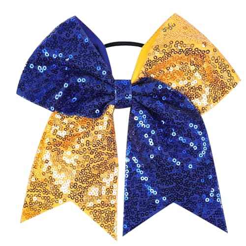 Bow Hair Tie for Girls Large Cheer Bow Sequins Ponytail Women Teen Girls Cheerleading Ribbon Holder Hair Band (Deep Blue + Yellow)