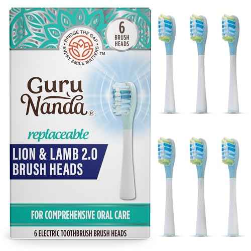 GuruNanda Lion & Lamb 2.0 Replacement Brush Head (Pack of 6), Round-Ended, Soft Bristles to Help with Plaque Control, BPA-Free, IPX7 Waterproof - White