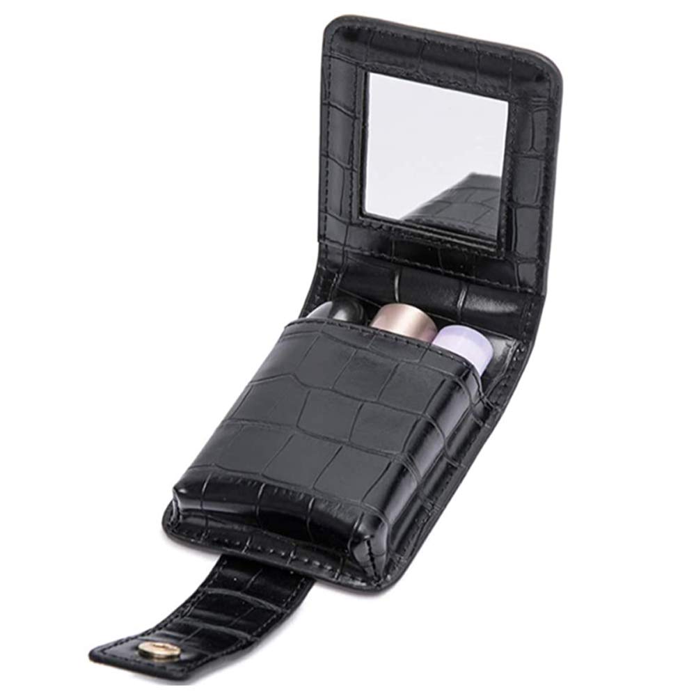 HSK_Mall Lipstick Case with Mirror, Lipstick Holder for Purse, Mini Cute Portable Cosmetic Bag for Women Travel Makeup Pouch Takes Up to 3 Lipstick Box Organizer Bag - Black