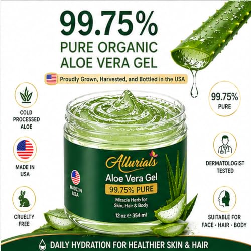 Allurials Aloe Vera Gel - 99.75% Organic & Pure, Cold Processed, 12 Oz - After Sun, Face, Body, Hair & Scalp Moisturizer - Gel Variant