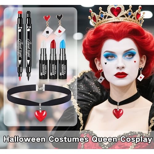 Go Ho Red White and Blue Multi-use Lip Face Paint Stick,2PC Red&Black Hearts Eyeliner Stamp,Heart-shaped Earrings and Necklace Kit,Queen Cosplay Halloween Costumes Party Accessories for Women