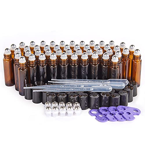 10ml Amber Glass Roller Bottles for Essential Oils - 48 Pack DIY Set