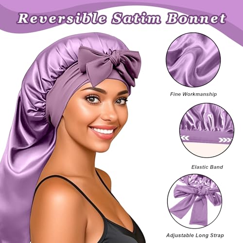 Long Silk Satin Hair Bonnet with Scrunchies for Sleeping - Purple