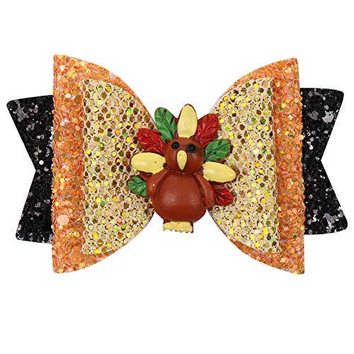 Thanksgiving Turkey Hair Bow Clips Toddler Girls Kids Glitter Large Ribbon Hairpin Fall Yellow Hair Barrettes Accessories for Thanks Day Party Favor Gift (Bowknot Turkey)