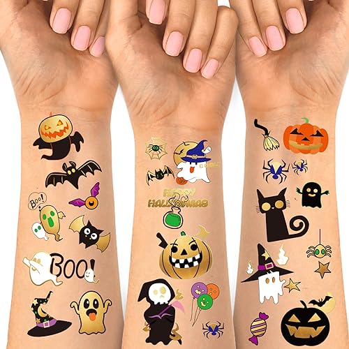 Halloween Temporary Tattoos For Kids Pumpkin, Ghost, Witch Halloween Party Favors for Boys or Girls- 126 pcs Golden Goodies Waterproof Fake Tattoos For Kids 6 7 8 9 10 11 12 years old