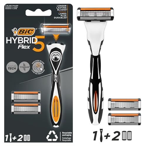 BIC Hybrid 5 Flex Refillable Men's Razor Kit, Handle and Nano-Tech Titanium 5-Blade Refills - Box of 1+2