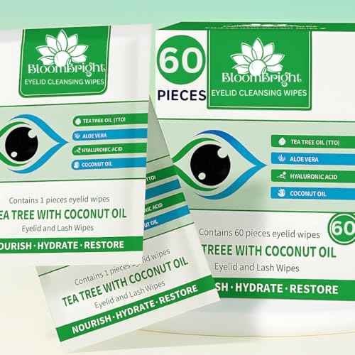 60 Pcs Tea Tree Oil Eyelid Cleansing Lash Wipes with Coconut, Hyaluronic Acid, Green Tea, Chamomile, Aloe Vera ? Itchy Stye Eyes Relief ? Individually Wrapped Makeup Remover Daily Cleanser (60 Count)