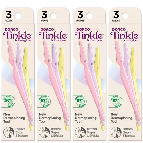 Tinkle Everglow Dermaplane Razor (12 ct - 4 packs of 3ct), Eyebrow Razor & Face Razors for Women, Peach Fuzz Remover, Dermaplaning Tool, Stainless Steel Blades, Stocking Stuffers