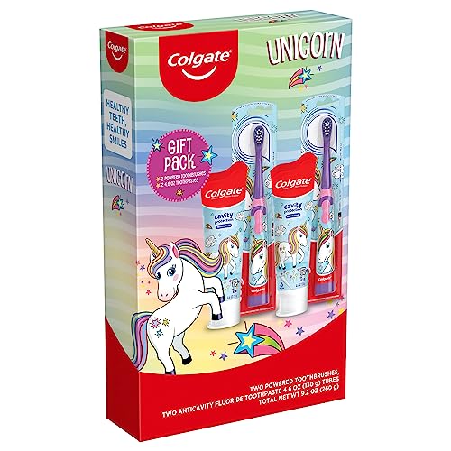 Colgate Kids Toothbrush Set with Unicorn Gift Set, 2 Battery Toothbrushes and 2 Toothpastes