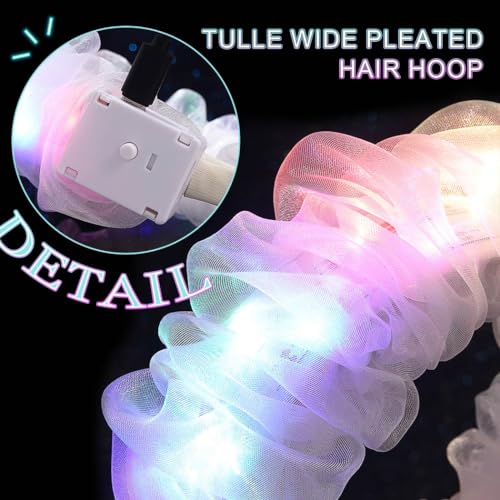 REETAN St. Patrick's Day Light up Headbands Tulle Wide Pleated Hair Hoop Sparkly Festival LED Hair Bands for Women and Girls (White)