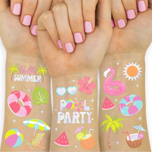 xo, Fetti Pool Party Temporary Tattoos - 68 Iridescent Foil Pcs | Summer Birthday Accessory, Kids Waterpark Party Favor, Cute Beach Activity