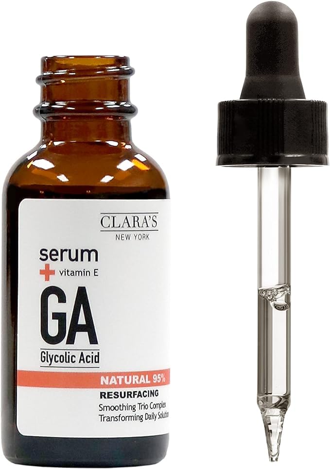 CLARA'S NEW YORK Glycolic Acid Facial Serum with Vitamin E for Exfoliating Smoothing Glowing Face Skin - Made in USA 30ml (1Fl/Oz) (Glycolic Acid)