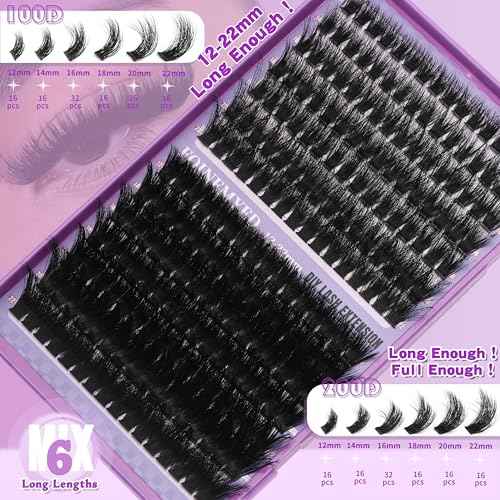 Lash Clusters 100D+200D Thick Volume Eyelash Clusters 12-22mm Long Cluster Lashes Eyelash Extensions Individual Lashes Clusters DIY at Home Eyelashes D Curly Lash Extension by FOINEMYED