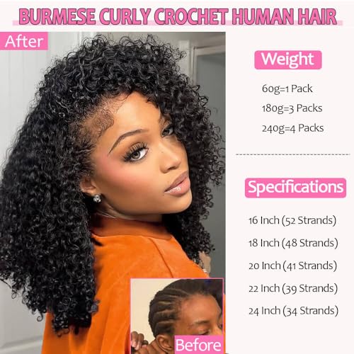 Burmese Curly Crochet Hair Extensions for Black Women - 180g, 16 Inch
