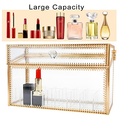 HighFree 24 Slots Glass Lipstick Organizer - Gold Vintage Transparent Display Box With Lid & Removable Dividers for Lip Gloss