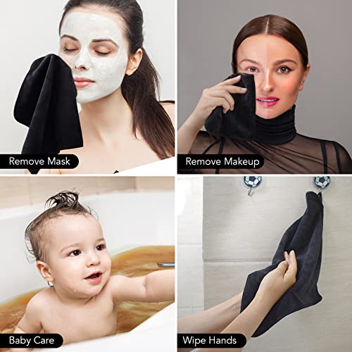 SINLAND Microfiber Face Cloths Reusable Makeup Remover Washcloths Super Soft and Absorbent Fingertip Face Towels for Sensitive Skin Women 12 x 12 Inch 6 Pack Black