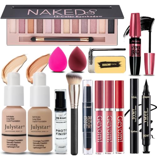Geyomi All-in-One Makeup Kit - 12 Colors, Foundation, Lipsticks & Brush
