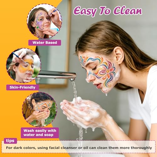 16 Color Face Paint Set - Water Based Washable Makeup with Brushes