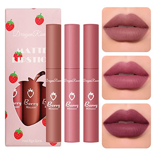 Sulily 3-Pack Matte Lipstick Set - Dark Velvet Red & Nude Shades, Long Lasting, Waterproof, Variation D