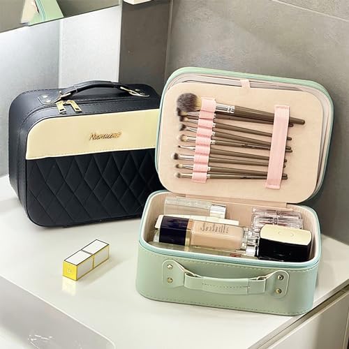 M-Box Travel Makeup Bag With LED Mirror, Protable Size Makeup Case Travel Cosmetic Bags Brush Organizer Storage Box, Rechargeable Vanity Mirror, Cosmetic Travel Bag for Women. (Mint-white)